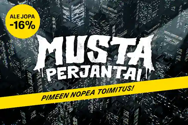 Musta Perjantai -logo. Taustalla kaupunki maisema yöaikana. Keltainen pallura, jossa teksti:"alennus jopa -16%" ja keltainen ribbon kuvan alaosassa jossa lukee:"Pimeen nopea toimitus!". 