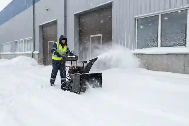 Statt Avalanche S8000T lumilinko käytössä kovassa lumipyryssä tehdasalueella. Kuva on AI:n generoima.