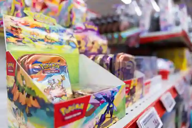 Pokémon-kortteja myymälän hyllyssä. 