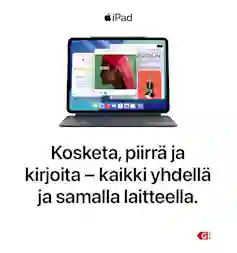 iPad näppäimistökotelossa, näytöllä useita avoimia sovelluksia ja ikkunoita. Apple-logo ja iPad-teksti ylhäällä. Teksti Kosketa, piirrä ja kirjoita - kaikki yhdellä ja samalla laitteella. Energialuokka G.