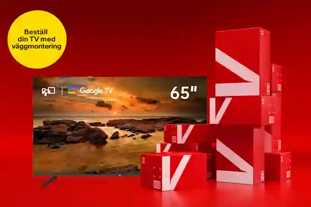 Prisvärd TV från lagret intill röda Verkkokauppa.com-kartonger. En gul cirkel med texten ”Väggmontering 99,99 €”. Vissa produkter levereras hem till dig på bara en timme. Handla nu!