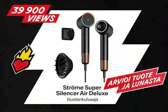 Strome Super Silencer Air Deluxe hiustenkuivaaja ja lisäosat. 39 900 näyttökertaa. Viral Payback -kampanja, arvio tuotteesta ja lunasta.