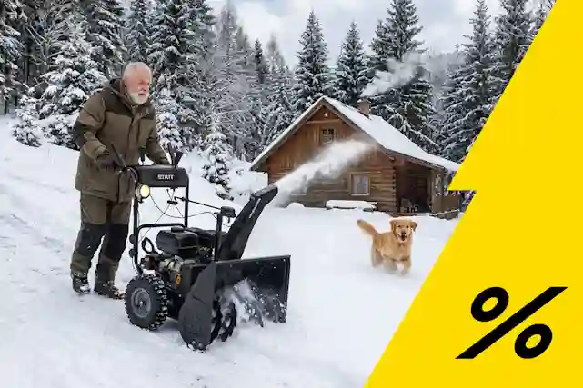 Vanhempi herrasmies ajaa lunta Statt Avalanche S6000 lumilingolla mökkitiellä. Vieressä juoksee kultainen noutaja ja oikeassa reunassa prosentti-logo.  Kuva on AI-generoima.