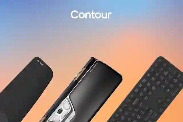 Black Contour products: remote control, mouse, and keyboard on an orange-blue background.