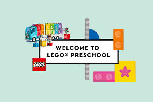 Welcome to LEGO preschool kyltti. Yläpuolella duplo rekka. Vasemmassa alakulmassa LEGO-logo. Oikealla lisää erivärisiä legopalikotia ja yksi vaaleanpunainen kukka.
