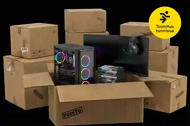 Kuvassa paljon pahvilaatikoita ja etuosan pahvilaatikko on auki ja sieltä tulee pelitietokone, pelejä, pelinäyttö ja kuulokkeet. Vieressä pallura, jossa teksti:"Toimitus tunnissa". Kuvassa käytetty AI-työkalua.