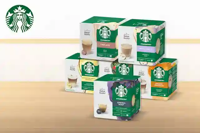 Starbucks-kapselikahvien paketteja. Espresso Roast, Caffe Latte, White Mocha, Caramel Macchiato ja Madagascar Vanilla Macchiato.