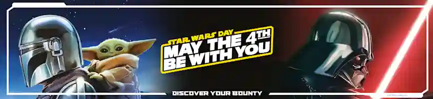 Star Wars May the 4th -päivän kuva, kuvassa Mandalorian ja Grogu sekä Darth Vader