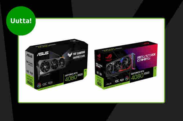 TUF Gaming GeForce RTX 4080 SUPER OC -näytönohjain ja Asus GeForce ROG-STRIX-RTX4080S-O16G-GAMING -näytönohjain. Yläpuolella vihreä pallura, jossa teksti:"Uutta!"