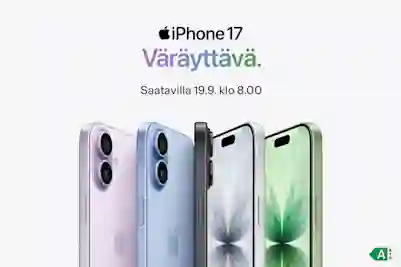 Viisi eriväristä iPhone 17 -puhelinta vierekkäin. Yläpuolella teksti:"iPhone 17 - Väräyttävä. Saatavilla 19.9. klo 8.00".
