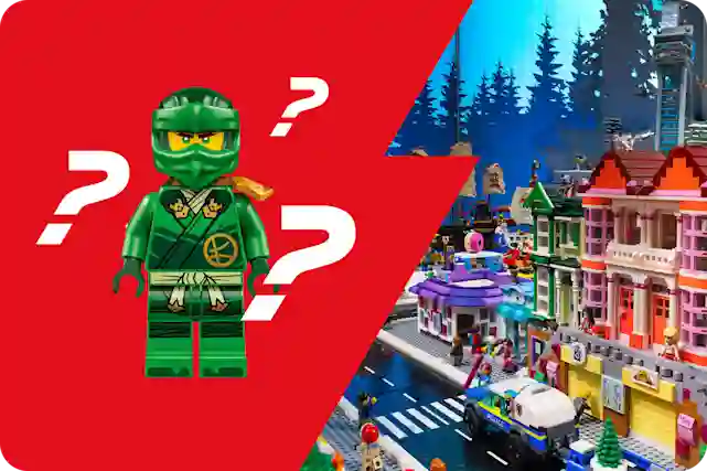 Näyteikkunaan rakennettu LEGO-kaupunki. Kysymysmerkkejä LEGO-ninja-hahmon ympärillä.