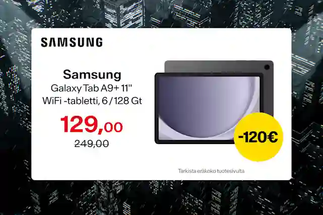 Samsung Galaxy Tab A9+ 11" WiFi -tabletti, 6/128 Gt. 129,00 € (norm. 249 €). Säästä 120 €!