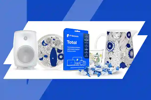 Kuvassa Genelecin kaiutin, Arabian Pastoraali -lautanen, F-securen tietoturvapaketti, suomisuklaakonvehti, Muumilasi ja Arabian Pastoraali -kannu. Suosi kotimaista!