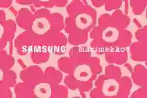 Samsung-logo ja Marimekko-logo vierekkäin ja Marimekon unikko kuosi taustakuvana