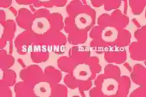 Samsung-logo ja Marimekko-logo vierekkäin ja Marimekon unikko kuosi taustakuvana