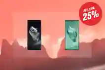 OnePlus 12 5G -puhelin, 512/16 Gt, Silky Black ja OnePlus 12 5G -puhelin, 512/16 Gt, Flowy Emerald vierekkäin. Vieressä punainen pallura, jossa teksti:"Ale jopa 25%"