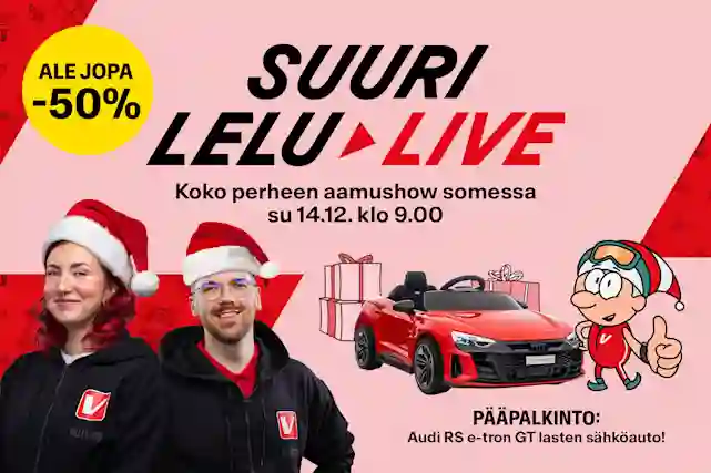 Suuri Lelu Live – Koko perheen aamushow somessa su 14.12. klo 9.00. Ale jopa -50 %. Pääpalkintona Audi RS e-tron GT lasten sähköauto!