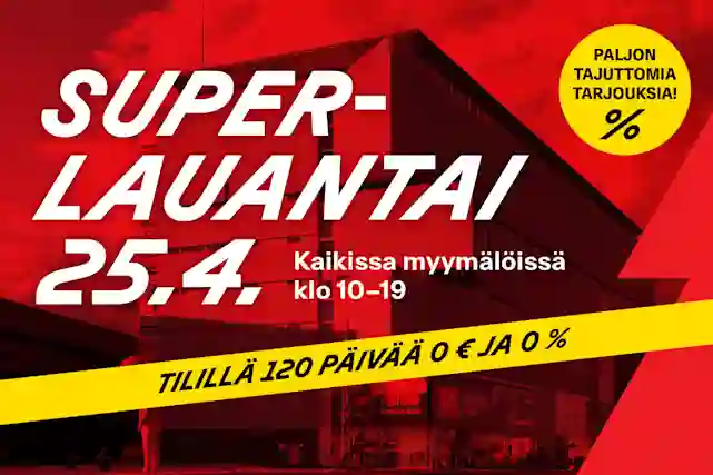 Punaisävyinen kampanjakuva Verkkokauppa.comin myymälästä: teksti ‘Superlauantai 25.4., kaikissa myymälöissä klo 10–19. Tilillä 120 päivää 0 € ja 0 %’, mukana yritysasiakkaille -merkintä ja tarjousviesti. Lue lisää!