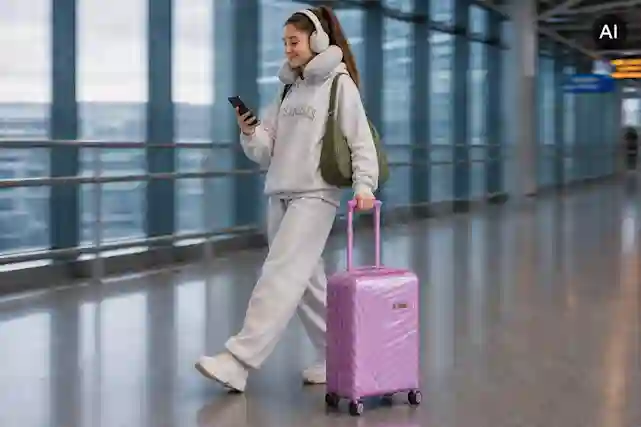 A traveler walks through an airport pulling a carry-on suitcase, wearing noise-canceling headphones with a travel pillow around their neck. AI-generated image.