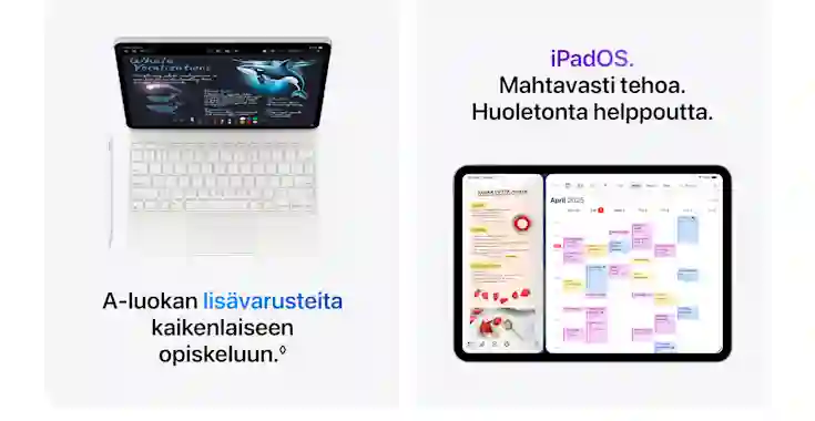 iPad with keyboard and pen, showing a whale drawing on the display. Another iPad displays a calendar and notes with iPadOS features.