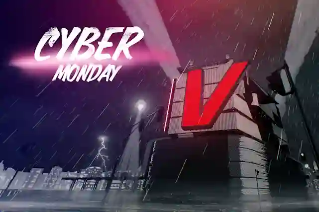 Cyber Monday -teksti ja taustalla punainen V-kirjain ison talon kyljessä. Näitäkin tuotteita toimitetaan tunnissa.