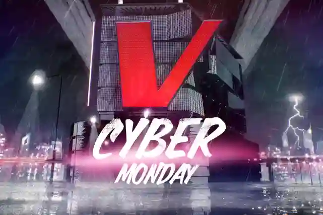 Cyber Monday -teksti ja taustalla punainen V-kirjain ison talon kyljessä.