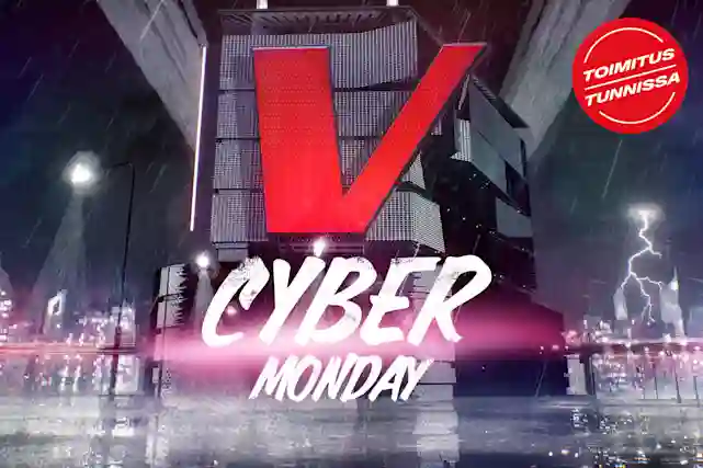 Cyber Monday -teksti ja taustalla punainen V-kirjain ison talon kyljessä. Näitäkin tuotteita toimitetaan tunnissa.