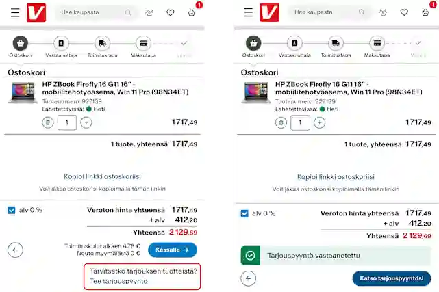 Ohjeistus Verkkokauppa.comin ostoskorista, josta tarjouspyynnön tekeminen onnistuu sivun oikeasta alareunasta