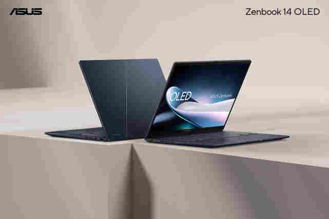 ASUS Zenbook 14 OLED -kannettava tietokone pöydällä, ohuet reunat ja syvät värit näytöllä.