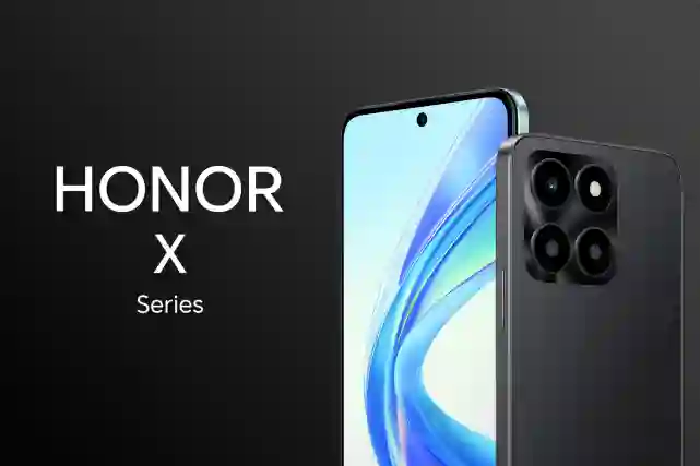 Teksti:"Honor X Series" ja vieressä kaksi X-sarjan puhelinta.