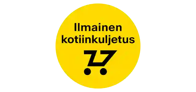 Ilmainen kotiinkuljetus -merkki keltaisella pohjalla ostoskärrysymbolilla.