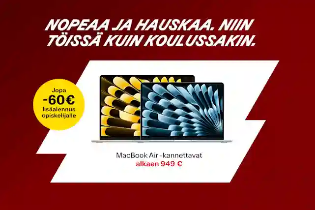 Apple Macbook air M4. Nopea ja hauska. Niin töissä kuin koulussakin. Alkaen 949 €, jopa -60 € lisäalennus opiskelijoille. Tekstien keskellä kuvat läppärin kokovaihtoehdoista.