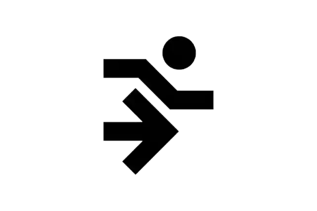 Musta logo, jossa on juokseva mies.