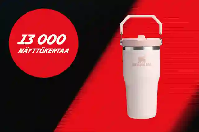 Kuvassa Stanley termospullo ja vieressä pallura, jossa teksti:"13 000 näyttökertaa"! Tutustu kampanjaan.