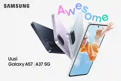 Samsung Galaxy A57 ja A37 5G -älypuhelimet eri väreissä. Awesome-teksti ja hyppäävä henkilö näytöllä.