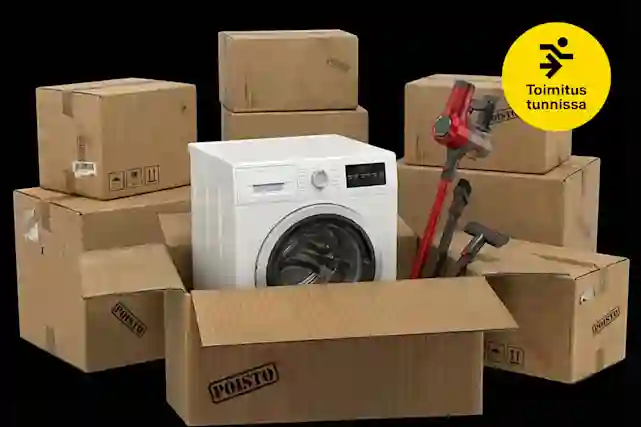 Kuvassa paljon pahvilaatikoita ja etuosan pahvilaatikko on auki ja sieltä tulee ulos pyykinpesukone ja imuri. Vieressä pallura, jossa teksti:"Toimitus tunnissa". Kuvassa käytetty AI-työkalua.