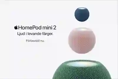 Apple HomePod mini 2 smarta högtalare i blått, ljusrosa och grönt. Text: Ljud i levande färger. Förbeställ nu.
