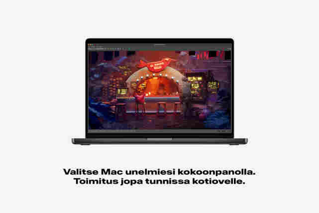 Apple MacBook -kannettava tietokone. Teksti:"Valitse Mac unelmiesi kokoonpanolla. Toimitus jopa tunnissa kotiovelle."