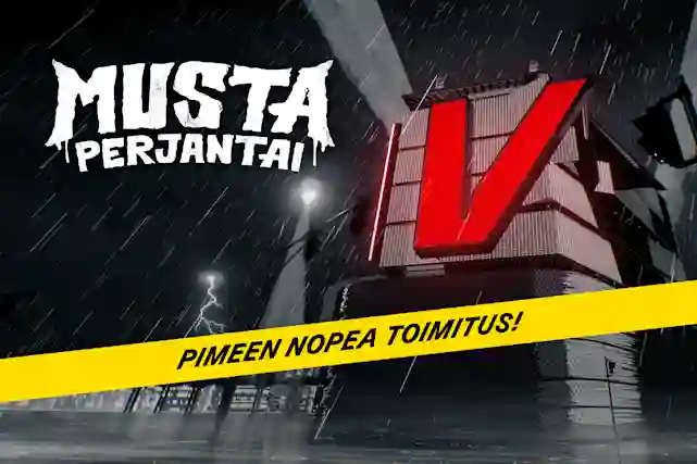 Musta Perjantai -logo vasemmassa yläkulmassa. Pimeä sateinen ilmassa iso sarjakuvamaisesti kuvattu Verkkokauppa.com myymälä valaisee synkkää ympäristöä. Kuvan päällä nauha, joka kulkee reunasta reunaan ja jossa lukee:"Pimeen nopea toimitus!".