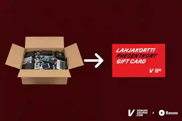 En kartong full av gamla elektronikprylar, en pil pekar mot ett Verkkokauppa.com-presentkort. Renow-samarbete.