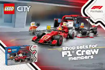 LEGO City Formula 1 -rakennussarja punaisella kilpa-autolla ja varikkotiimillä. Teksti: shop sets for F1 crew members.