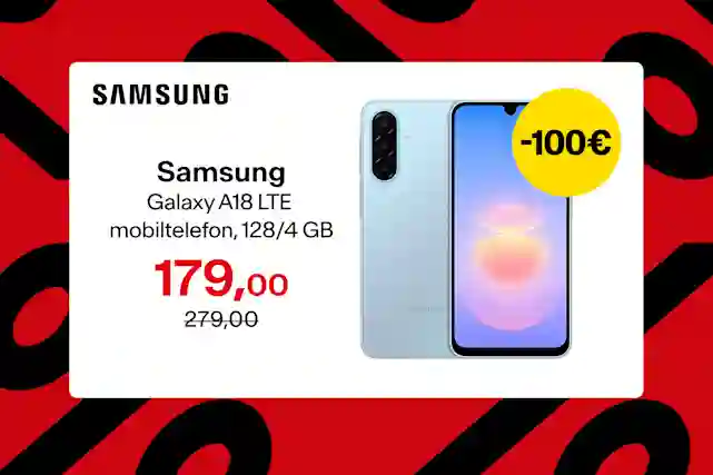 Ljusblå Samsung Galaxy A18 LTE-telefon för 179,00 euro, nedsatt från 279,00 euro. 100 euro i rabatt.