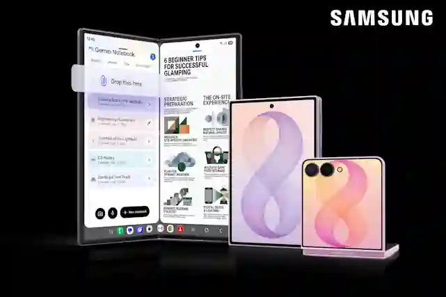Samsung foldable phone and tablet on a black background, with Gemini Notebook app and colorful graphics on the displays.