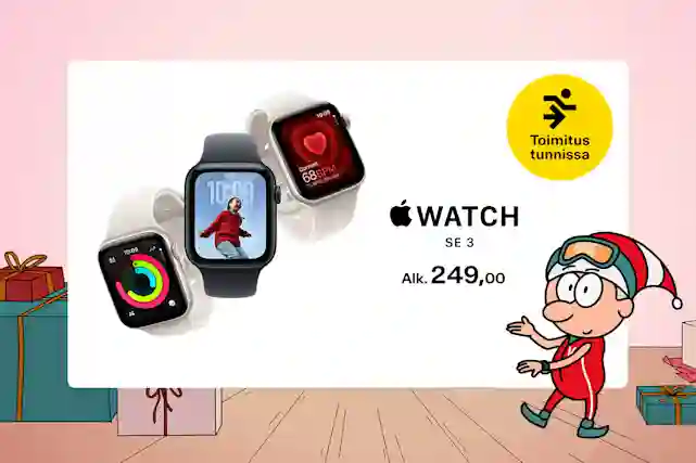 Apple Watch SE 3 Alk. 249 €. Tonttu suosittelee pukinkonttiin. Toimitus tunnissa.