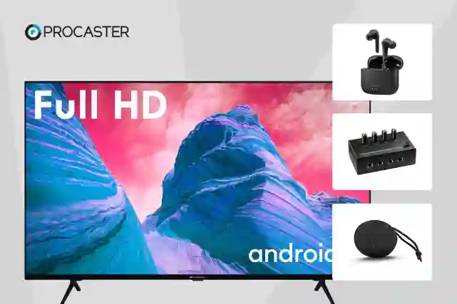Procasterin Full HD Android LED -televisio, nappikuulokkeet ja kuulokevahvistin ja bluetooth-kaiutin. Tutustu muihinkin Procaster tuotteisiin!