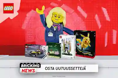 LEGO-uutuussettien mainos, kuvassa vilkuttava LEGO-hahmo ja neljä erilaista LEGO-settiä.