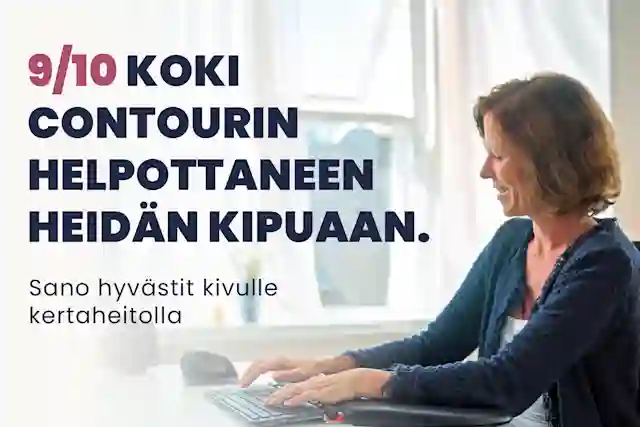 A woman works on a computer. Text: 9/10 experienced relief from their pain with Contour. Say goodbye to pain once and for all.
