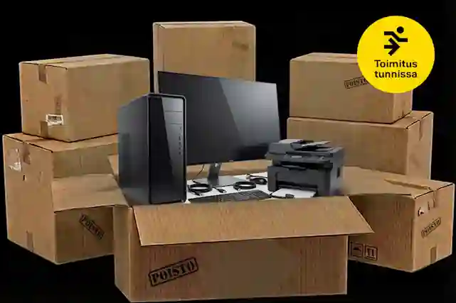 Kuvassa paljon pahvilaatikoita ja etuosan pahvilaatikko on auki ja sieltä tulee tietokone, näyttö ja tulostin. Vieressä pallura, jossa teksti:"Toimitus tunnissa". Kuvassa käytetty AI-työkalua.