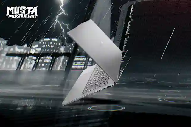 Synkässä ja sateisessa ilmassa leijailee kannettava tietokone. Katso tietotekniikan Musta Perjantai -tarjoukset!