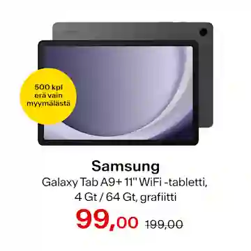 Samsung Galaxy Tab A9+ 11" WiFi -tabletti, 4 Gt / 64 Gt, grafiitti. 500 kappaleen erä vain myymälästä. 99 € (norm. 199 €)